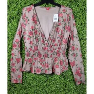 Guess Los Angeles Timeless Rose Floral Smocked Peplum Wrap Top XL Q4OP08K17Z0